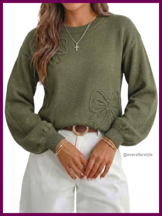 Sweaters - Floral Lantern Sleeve Pullover Knit Sweater